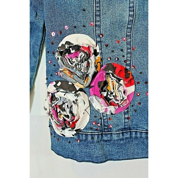 The Collective Works Of Berek 2 Denim Jean Jacket Floral Rhinestones Coat Size S - Picture 4 of 9